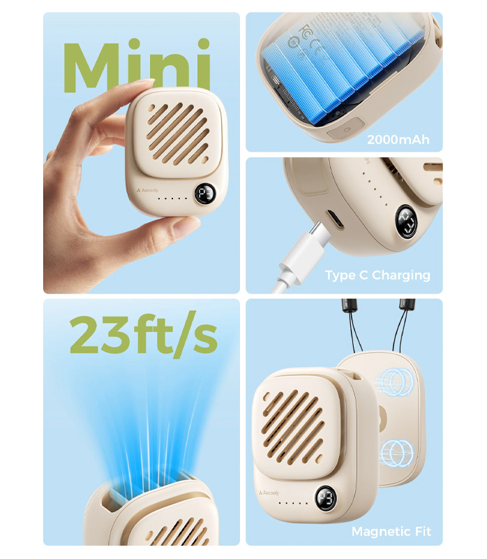 Aecooly Click 01 Mini Portable Neck Fan provides hands-free cooling for everyday comfort.